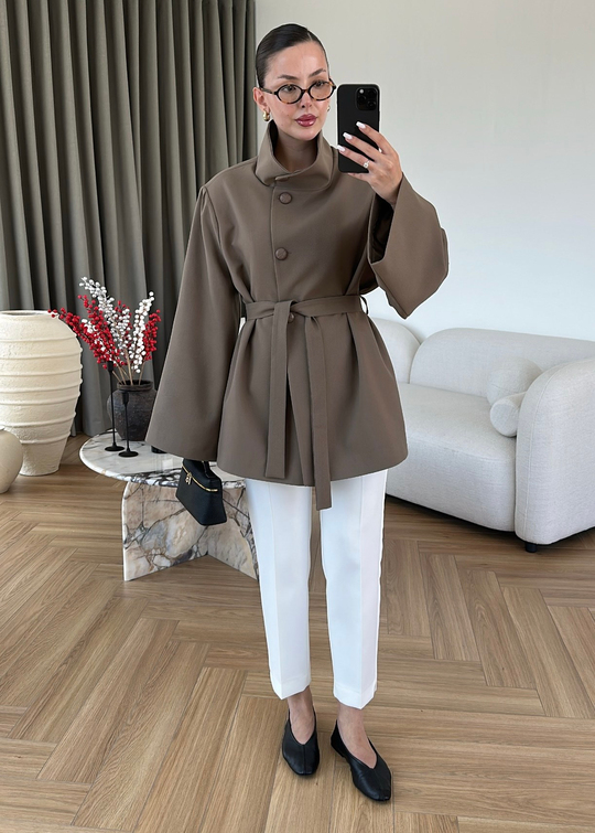 Megy Kuşaklı Uzun Ceket HAKİ