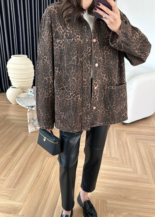 Mini Leopar Desen Denim Ceket RENKLİ