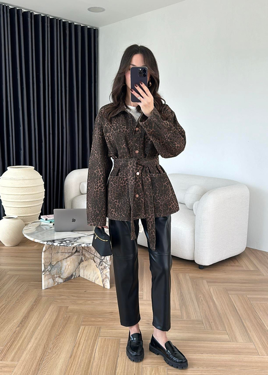 Mini Leopar Desen Denim Ceket RENKLİ