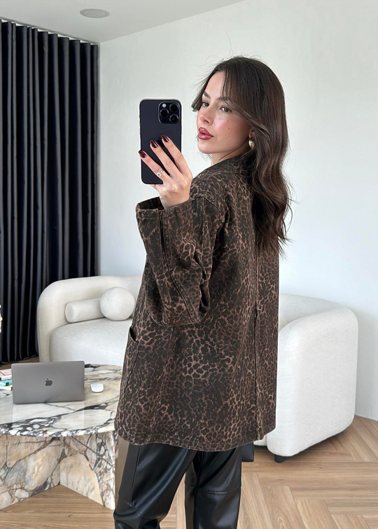 Mini Leopar Desen Denim Ceket RENKLİ