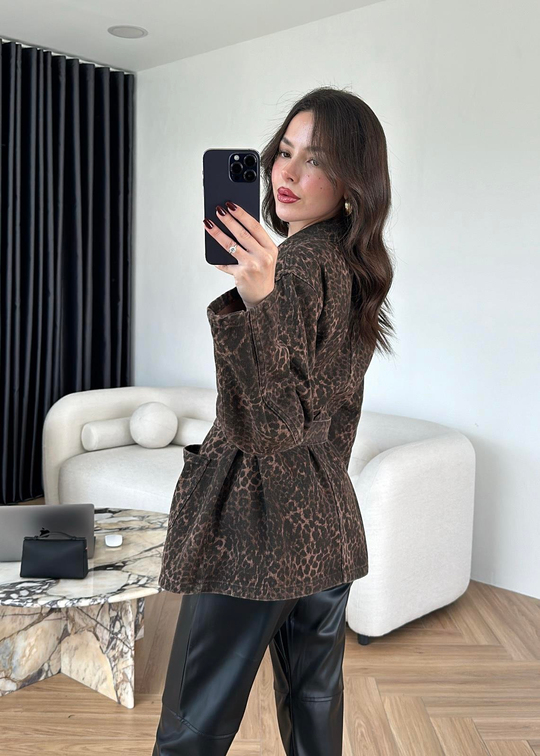 Mini Leopar Desen Denim Ceket RENKLİ