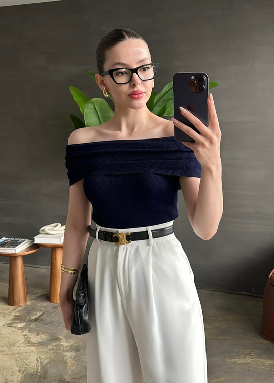 Modanna Yaka Triko Bluz LACİVERT