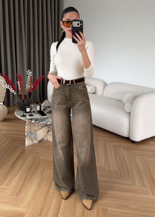 Mona Kemerli Geniş Paça Jean RENKLİ