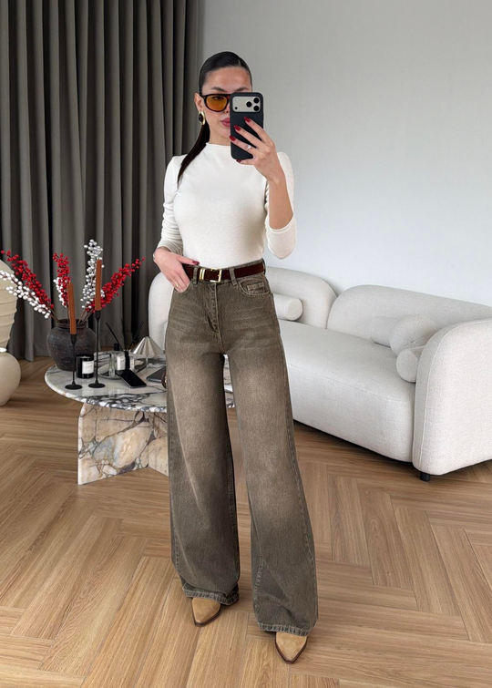 Mona Kemerli Geniş Paça Jean RENKLİ