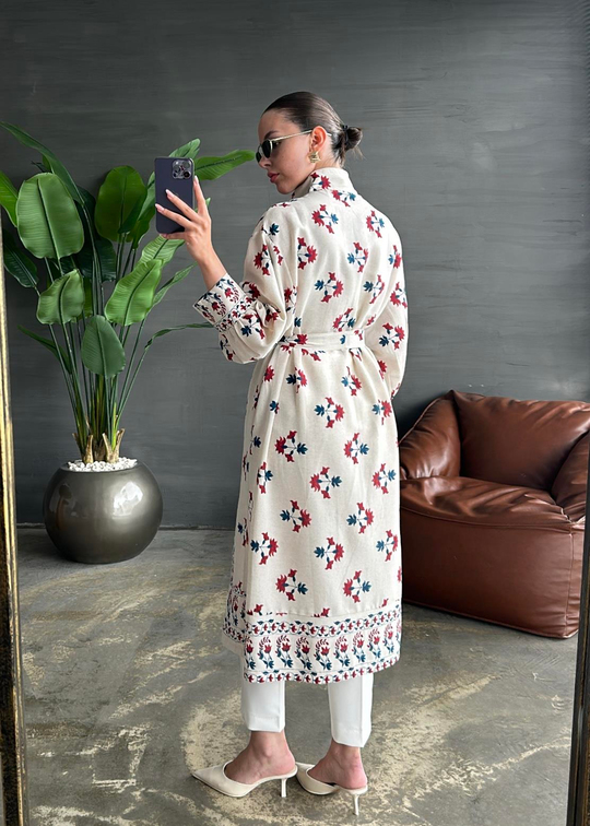Motif Desenli Kemerli Kimono MAVİ