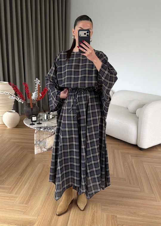 Müslin Ekoseli Etekli Takım NUDE