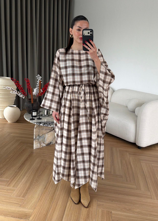Müslin Ekoseli Etekli Takım NUDE