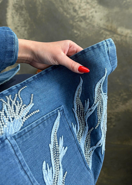 Nakışlı Denim Ceket MAVİ