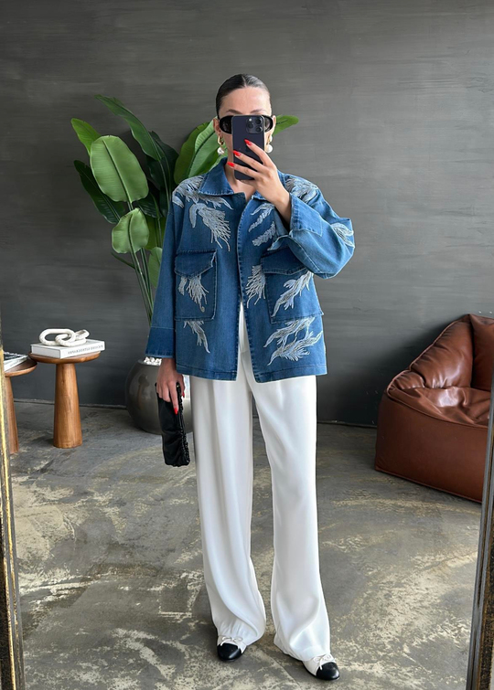 Nakışlı Denim Ceket MAVİ