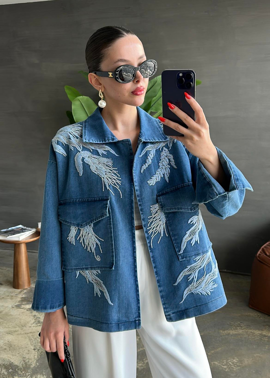Nakışlı Denim Ceket MAVİ