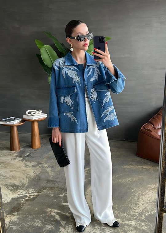 Nakışlı Denim Ceket MAVİ