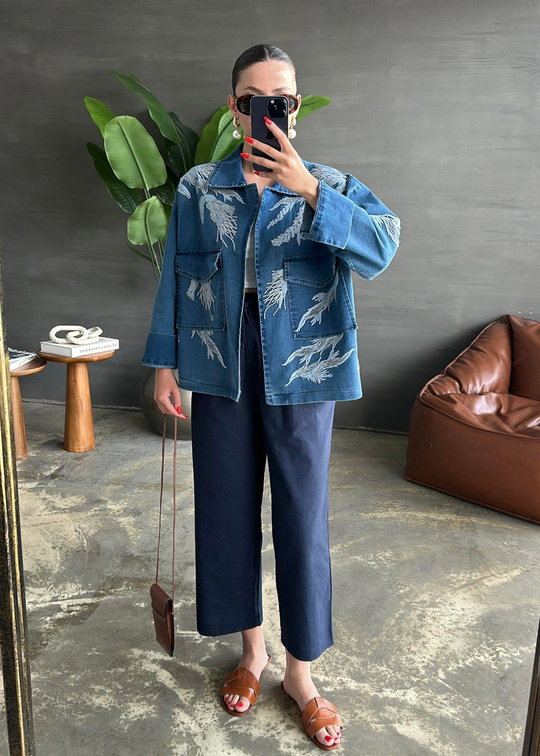 Nakışlı Denim Ceket MAVİ