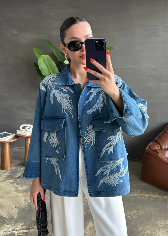 Nakışlı Denim Ceket MAVİ