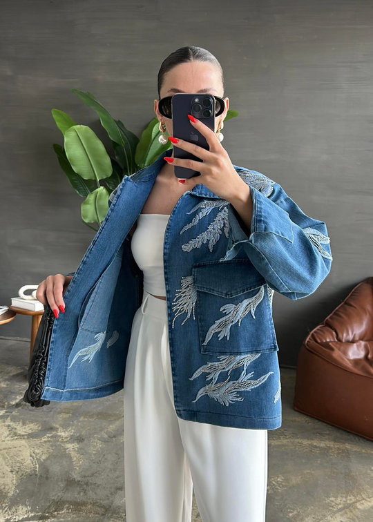 Nakışlı Denim Ceket MAVİ
