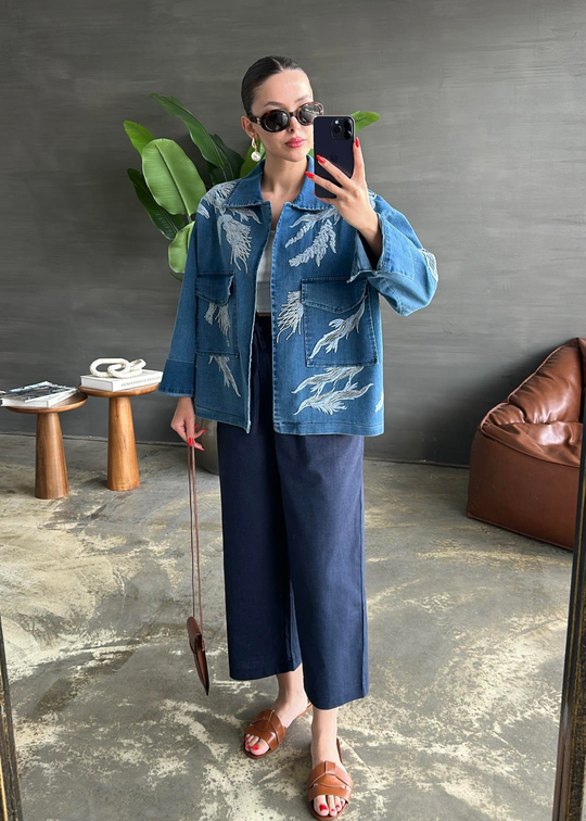Nakışlı Denim Ceket MAVİ