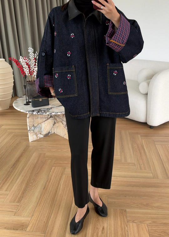 Nakışlı Deri Yakalı Denim Ceket LACİVERT