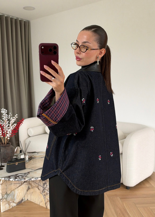 Nakışlı Deri Yakalı Denim Ceket LACİVERT