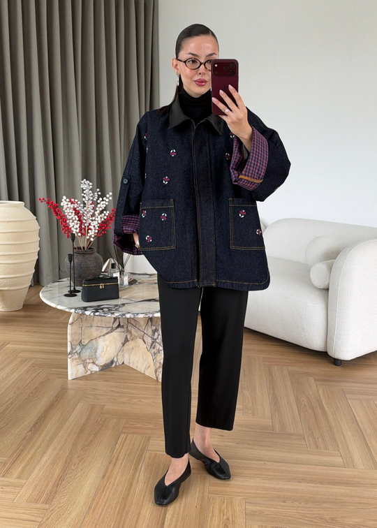 Nakışlı Deri Yakalı Denim Ceket LACİVERT