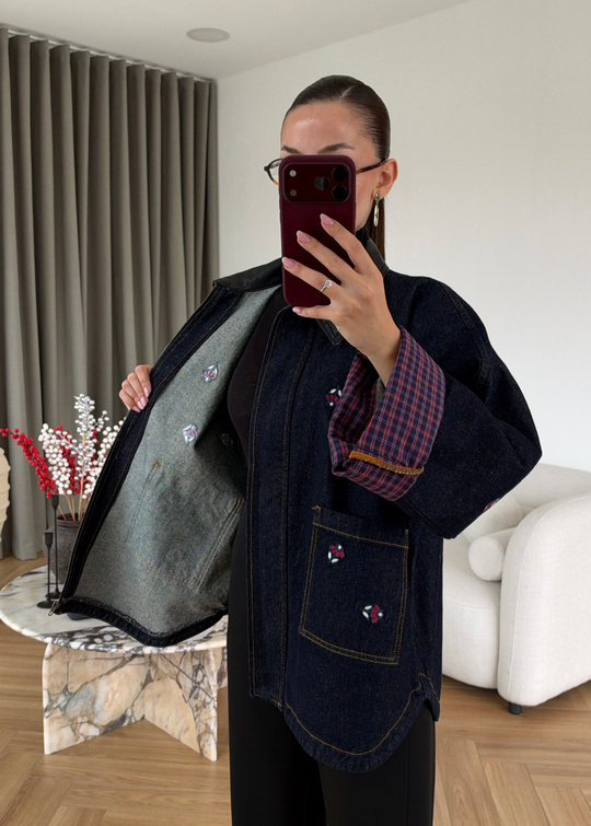 Nakışlı Deri Yakalı Denim Ceket LACİVERT
