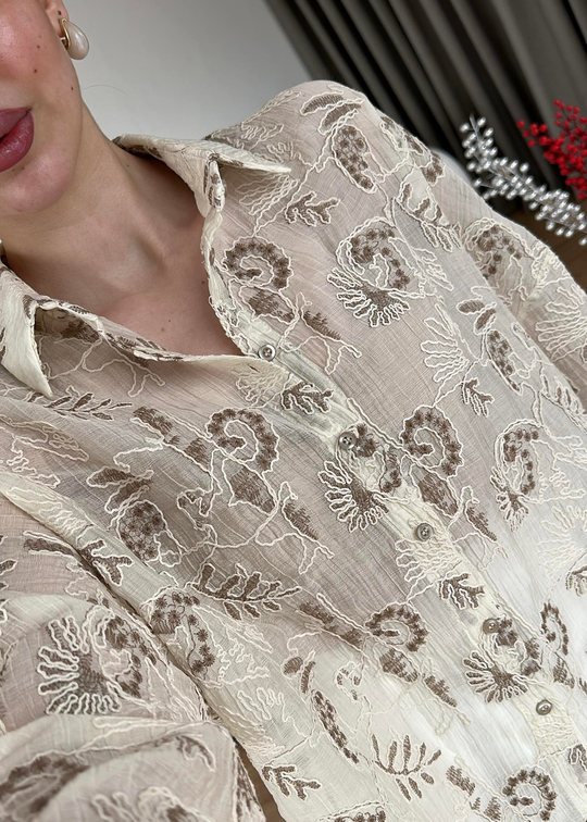Nakışlı Oversize Gömlek KAHVERENGİ