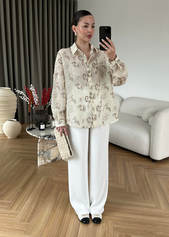 Nakışlı Oversize Gömlek KAHVERENGİ