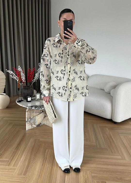 Nakışlı Oversize Gömlek SİYAH