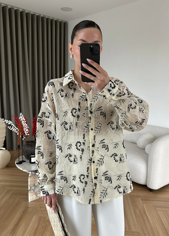 Nakışlı Oversize Gömlek SİYAH