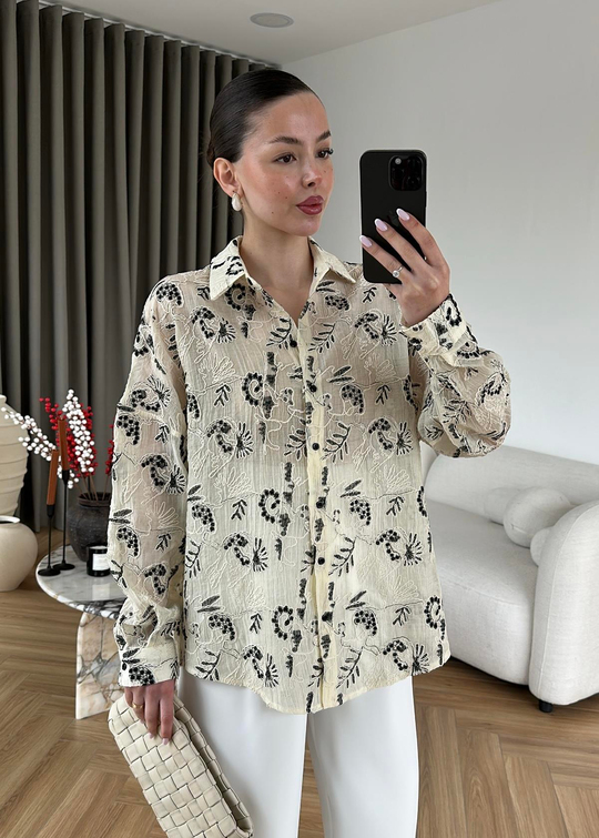 Nakışlı Oversize Gömlek SİYAH