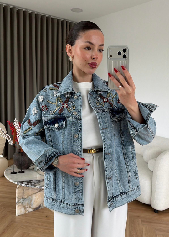 Nakışlı Taşlı Denim Ceket BUZ MAVİ