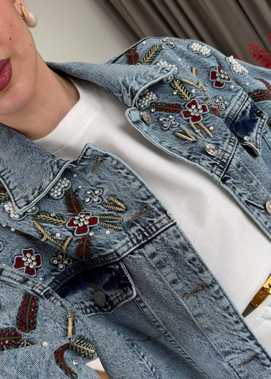 Nakışlı Taşlı Denim Ceket BUZ MAVİ