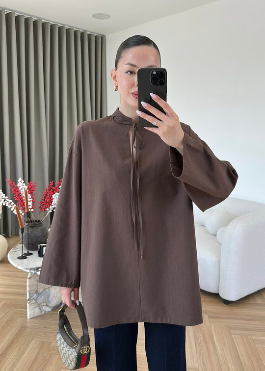 Noe Keten Bağlamalı Gömlek ACI KAHVE