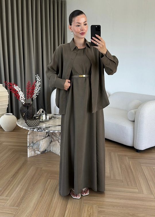 Novan Gömlekli Tensel Elbise HAKİ
