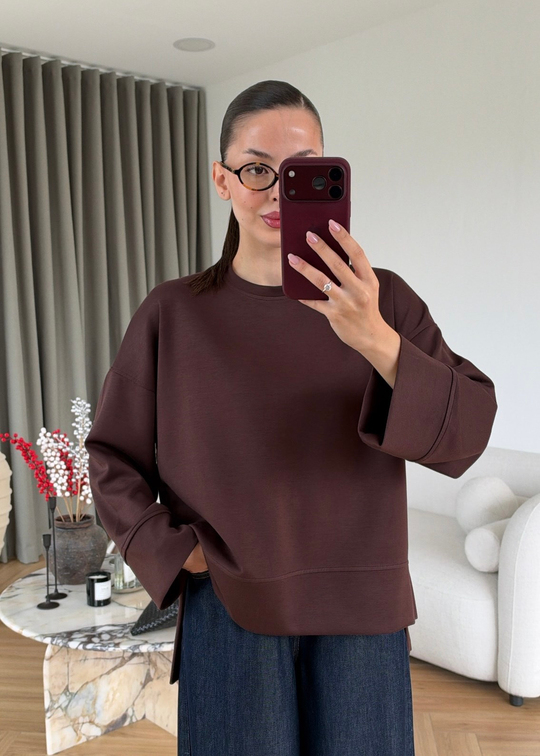 Önü Kısa Uzun Kollu Sweat ACI KAHVE