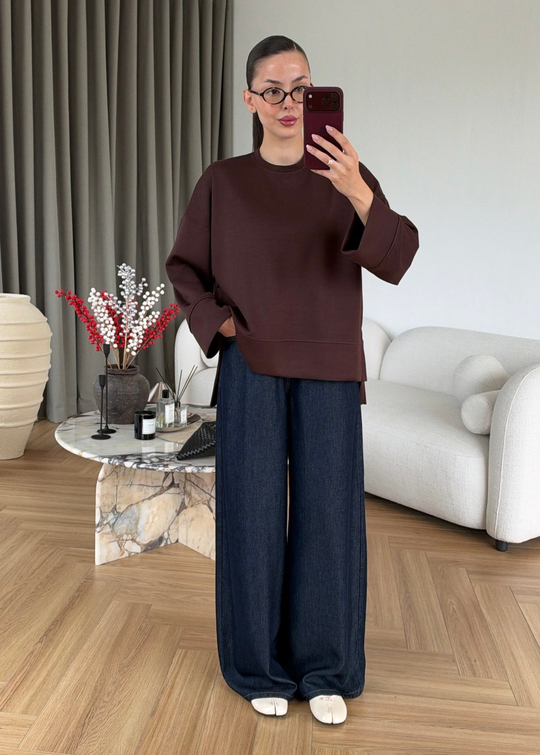 Önü Kısa Uzun Kollu Sweat ACI KAHVE