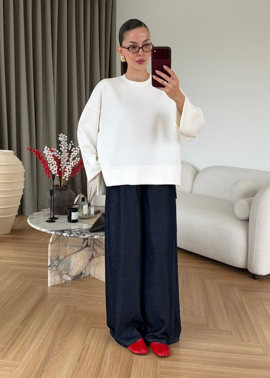Önü Kısa Uzun Kollu Sweat BEYAZ