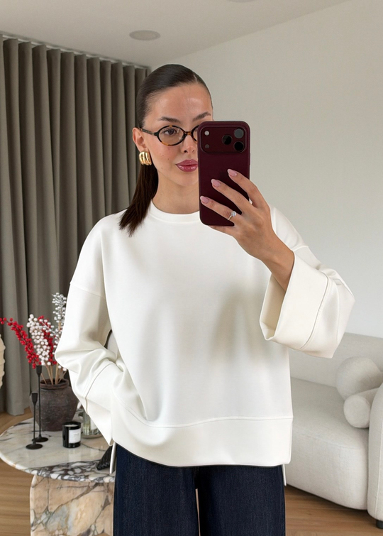 Önü Kısa Uzun Kollu Sweat BEYAZ