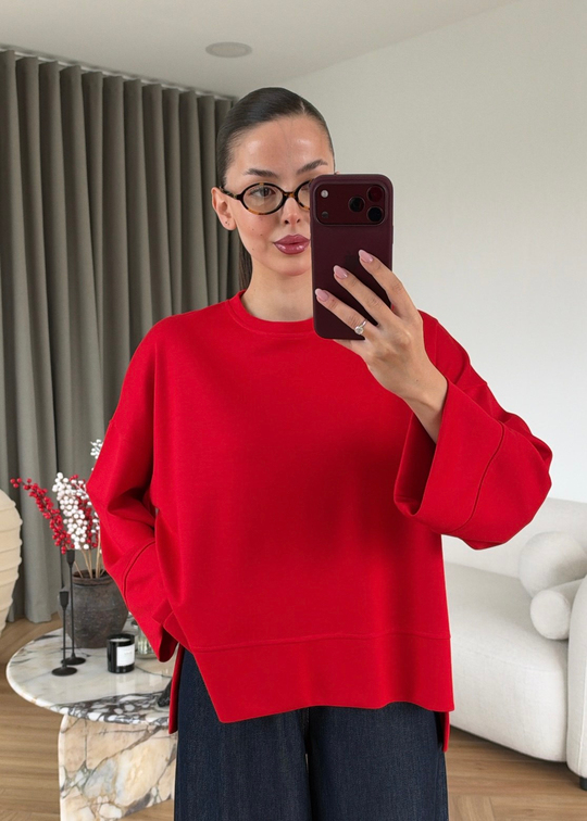Önü Kısa Uzun Kollu Sweat KIRMIZI