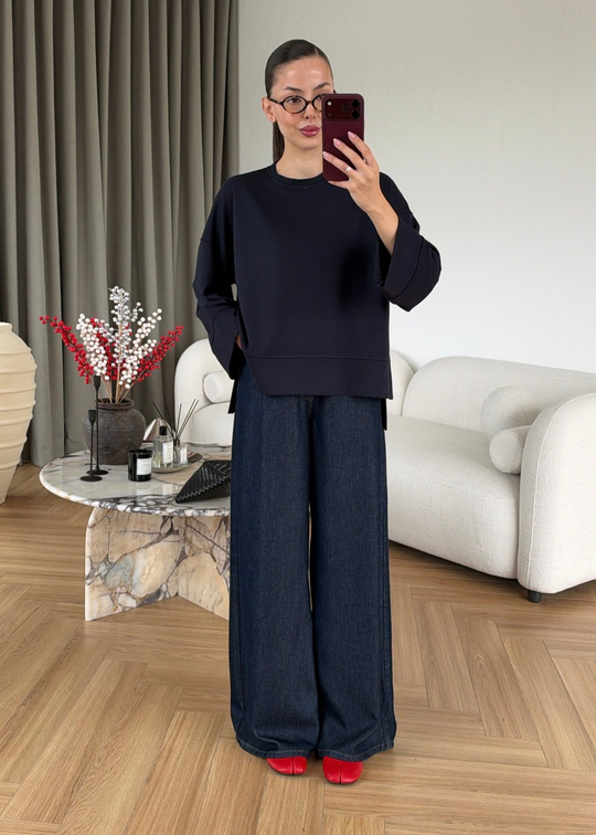 Önü Kısa Uzun Kollu Sweat LACİVERT