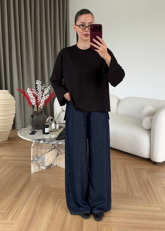 Önü Kısa Uzun Kollu Sweat SİYAH