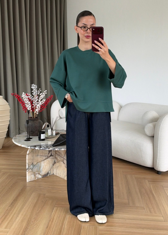 Önü Kısa Uzun Kollu Sweat ZÜMRÜT