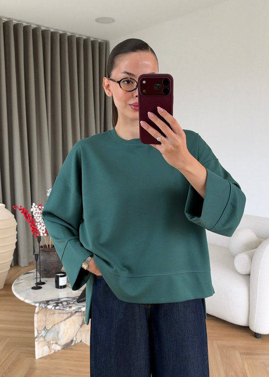 Önü Kısa Uzun Kollu Sweat ZÜMRÜT