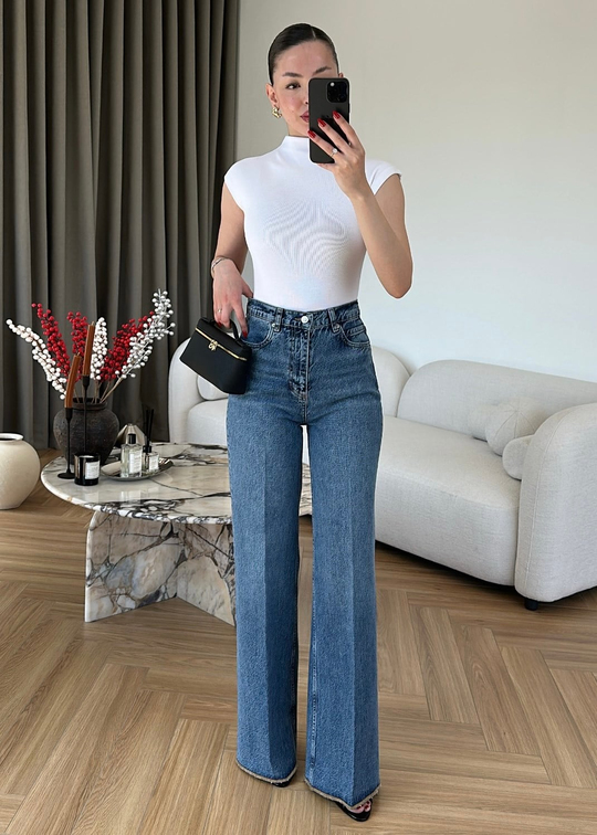 Overlok Paçalı Jean MAVİ