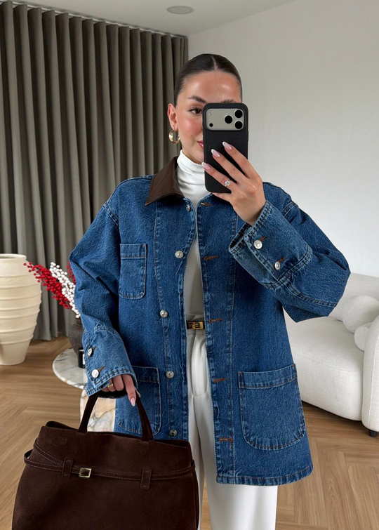 Pablo Deri Detaylı Denim Ceket MAVİ