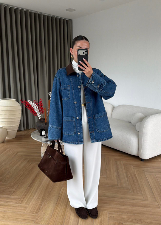 Pablo Deri Detaylı Denim Ceket MAVİ