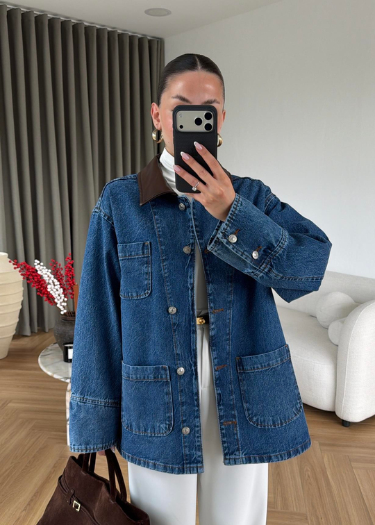 Pablo Deri Detaylı Denim Ceket MAVİ