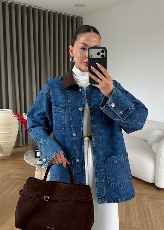 Pablo Deri Detaylı Denim Ceket MAVİ