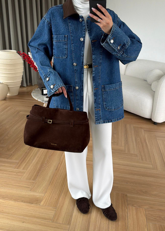 Pablo Deri Detaylı Denim Ceket MAVİ