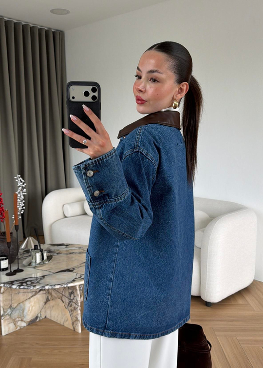 Pablo Deri Detaylı Denim Ceket MAVİ