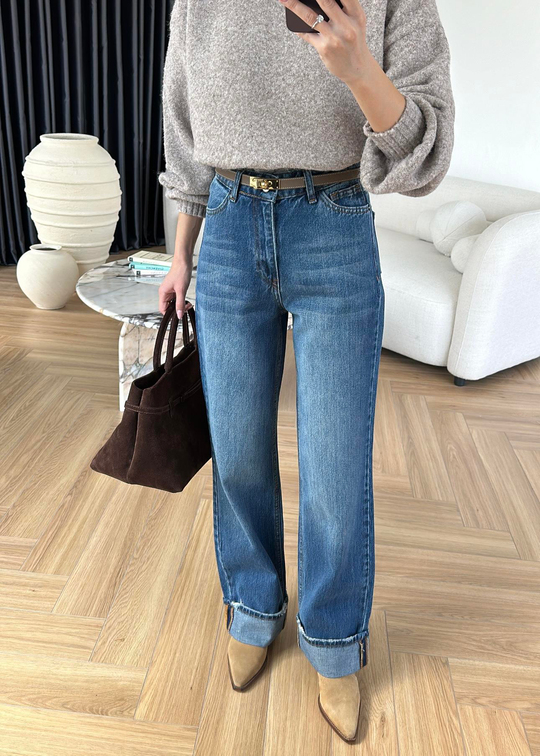 Paça Katlamalı Straight Jean MAVİ