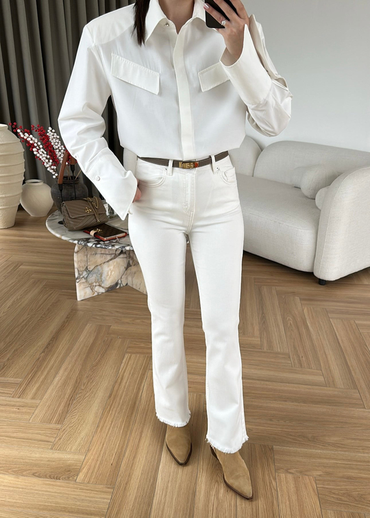 Paçacı Püsküllü Mini Flare Jean EKRU